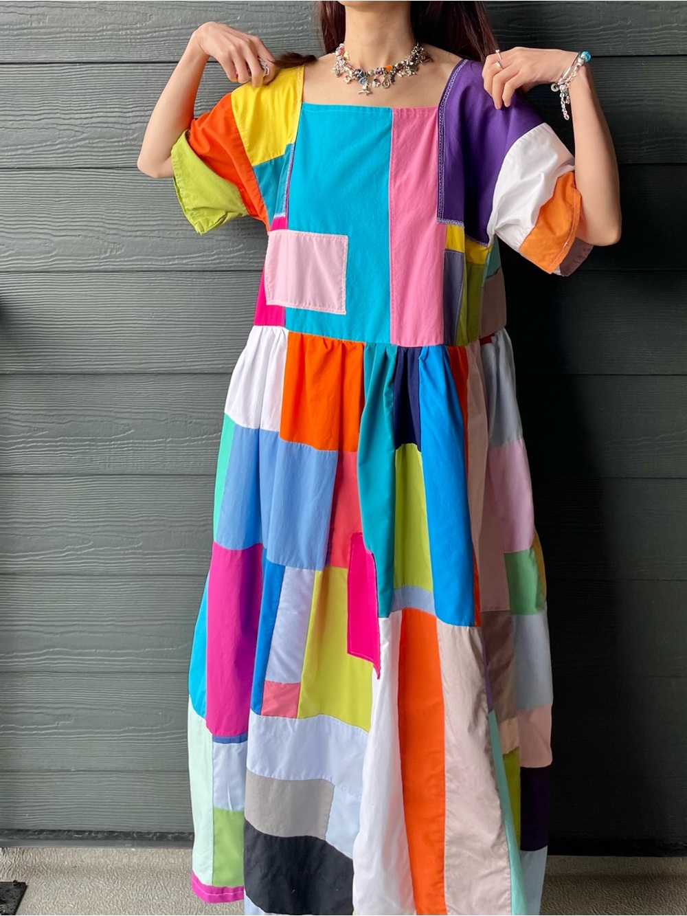 Handmade Quilted Patchwork Colorblock Dress SKU 08121 - Picture 6 of 16